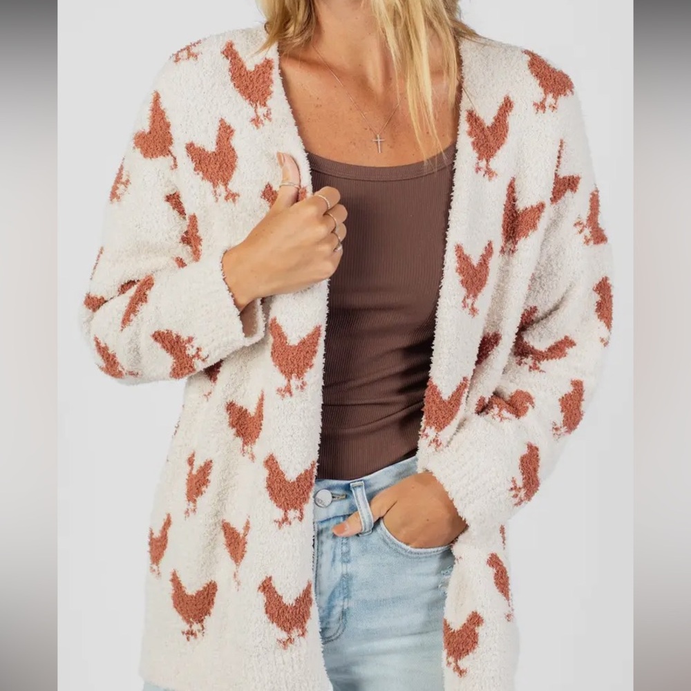 Super Soft Cream and Brown Chicken Pattern Sweater